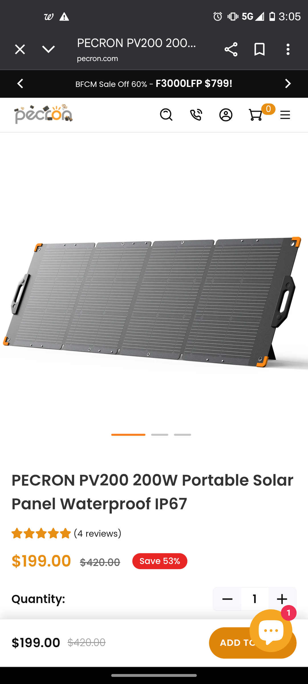 PECRON PV200 Solar Panel: 4-Fold 200W 38.8V Solar Panel